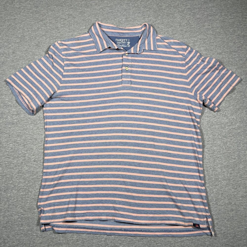 Faherty Polo Mens L Blue Striped 100% Cotton Isle Polo Short Sleeve Shirt